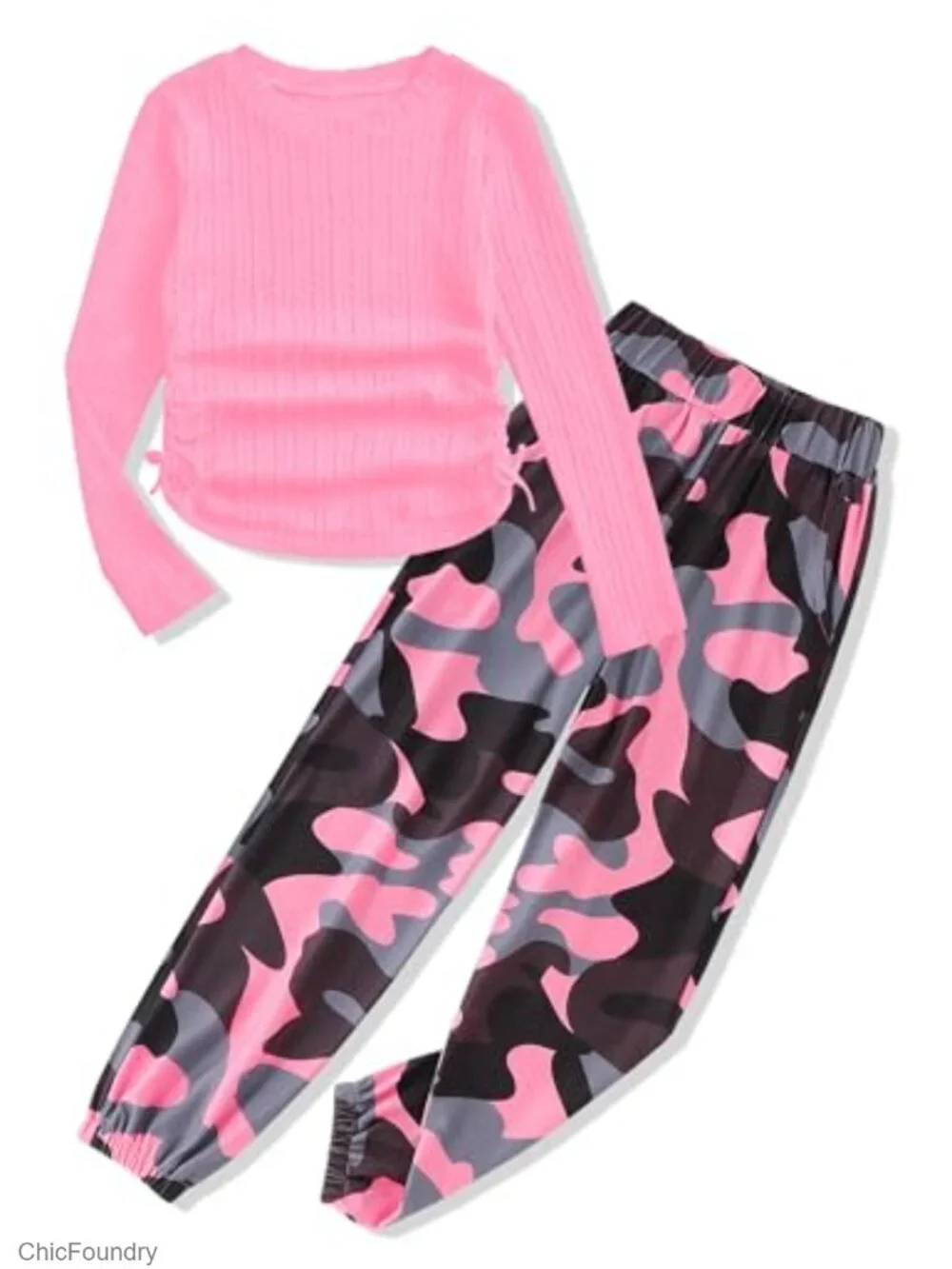Girls Ribbed Knit Crewneck T-Shirt & Camo Print Pants Set Size 7-8